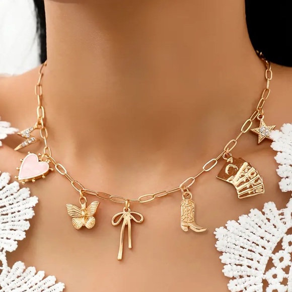 🆕 Western Bohemian Whimsical Gold Charm Necklace with Star & Cowboy Boot Accents